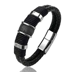 BLACK STAINLESS STEEL LEATHER BRACELET